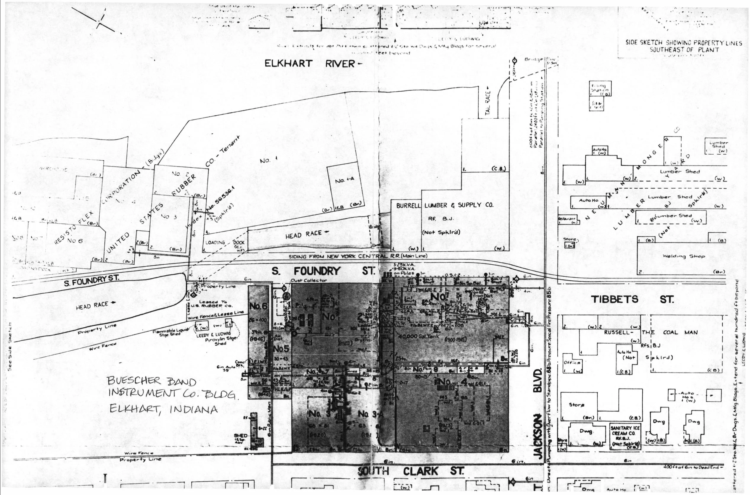 Sanborn-style property layout map of the Buescher Band Instrument Company complex: Property Layout Sanborn Style Map