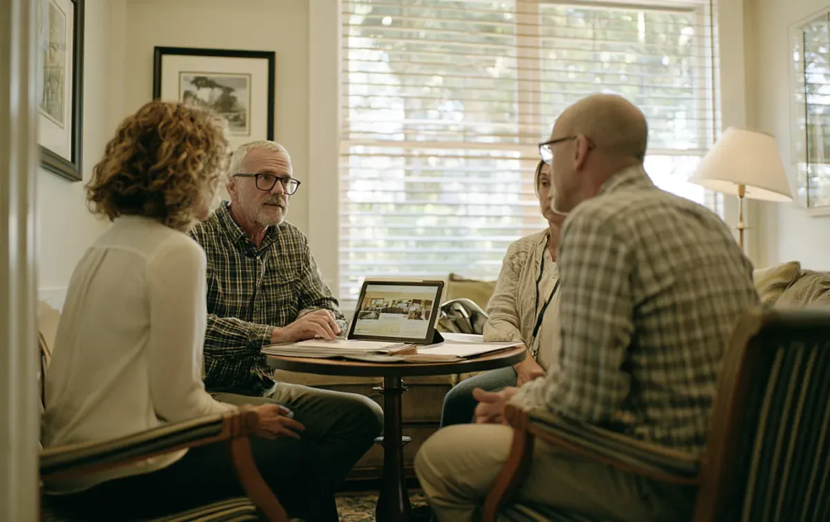 A funeral director sitting with a family, showing them a memorial family page on a laptop